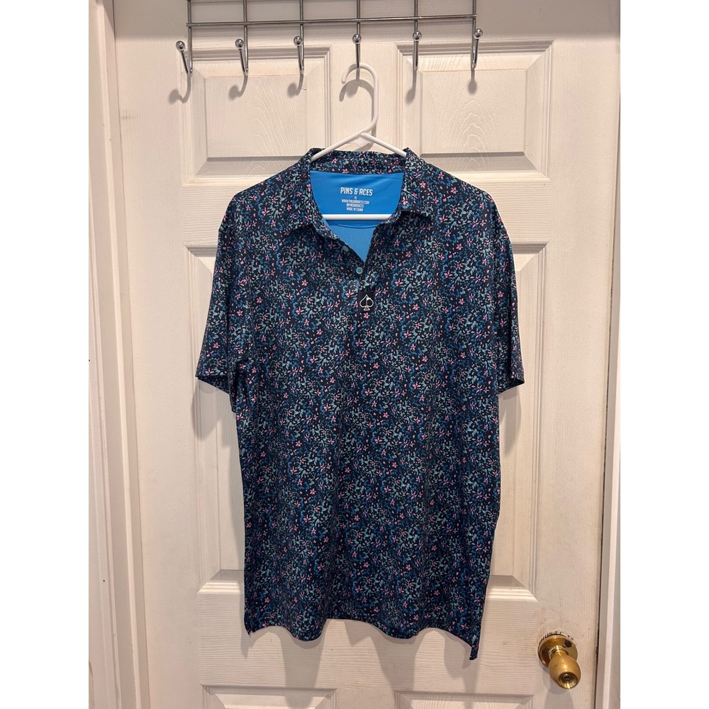 Pins & Aces Mens XL Golf Polo Shirt Navy Blue Pink Floral Performance AOP Logo